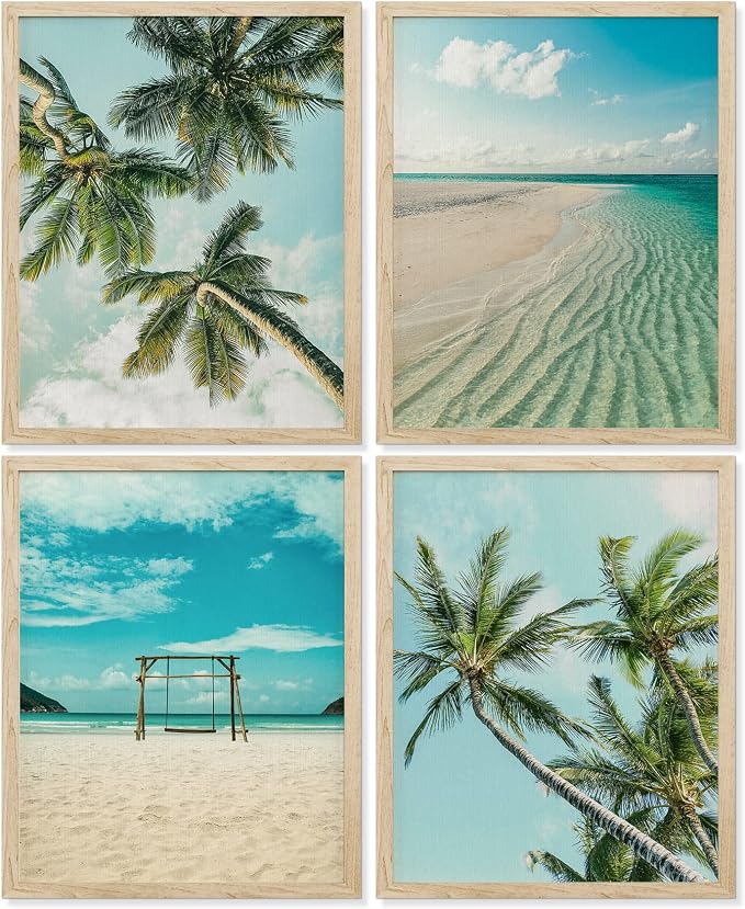 SIGNWIN Poster Bathroom Decor 8"x10"x 4, Wall Art Room Decor Multicolor for Living Room, Bedroom, Office White Topical Teal Sky Palm Tree Beach Ocean Seaside Nature Wilderness Realism Landscape