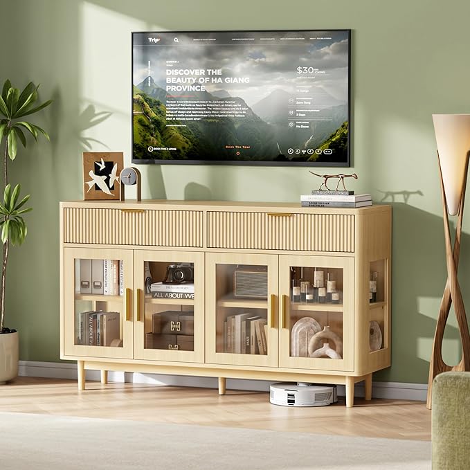 IRONCK 59'' Sideboard Buffet Cabinet with Drawers, Modern Kitchen Storage Cabinet with Adjustable Shelves and Tempered Glass Doors, Wood Coffee Bar for Kitchen, Living Room, Oak