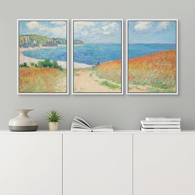 wall26 Framed Canvas Print Wall Art Set Path Through The Corn at Pourville by Claude Monet Cultural Historic Oil Painting Fine Art Reproduction for Living Room, Bedroom, Office - 24"x36"x3 White