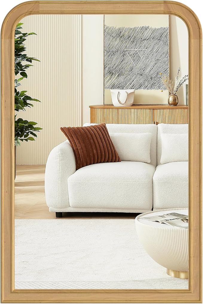 HOMECOOKIN 20" x 30" Wood Framed Mirror Bathroom Mirrors for Wall, Natural Arched Wood Bathroom Vanity Mirror for Entryway, Living Room or Bedroom Home Decor