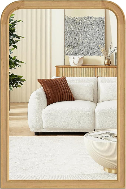 HOMECOOKIN 20" x 30" Wood Framed Mirror Bathroom Mirrors for Wall, Natural Arched Wood Bathroom Vanity Mirror for Entryway, Living Room or Bedroom Home Decor