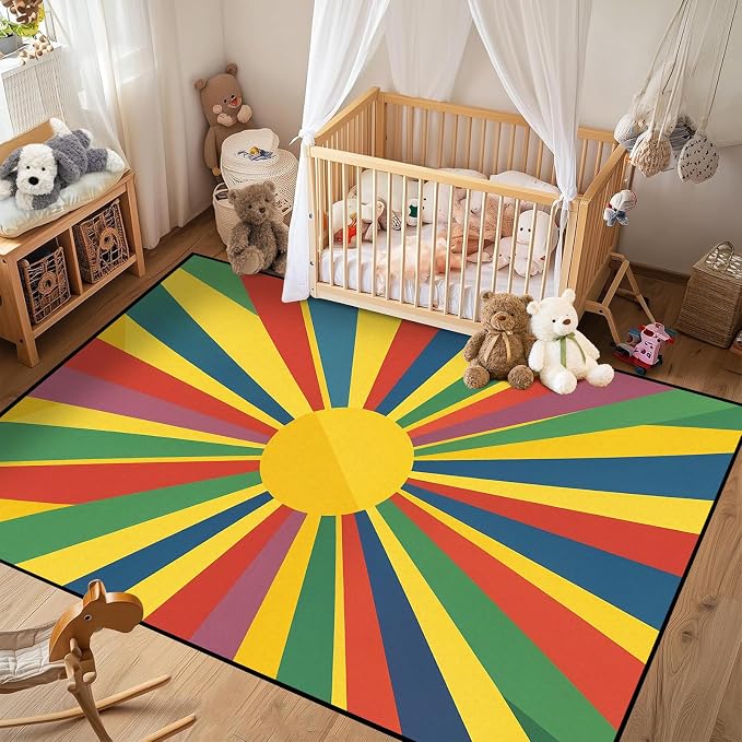 Rainbow Sunburst Area Rug Colorful Geometric Sun Carpet Soft Non-Slip Washable Floor Mat for Bedroom Living Room Nursery Playroom Classroom Home Decor,5'x7'