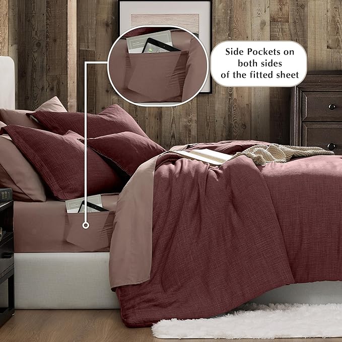 Geniospin King Size Comforter Set- 7 Piece Burgundy Textured King Bedding Set, Soft Solid Bed in a Bag for All Season, King Comforter Set with Sheets(Burgundy,102''x90'')