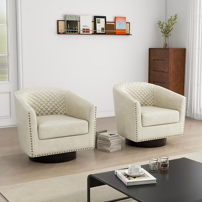 Swivel Barrel Accent Chair, Comfy Modern Upholstered Round Faux Leather Arm Chair for Living Room, Bedroom - Beige, Set of 2