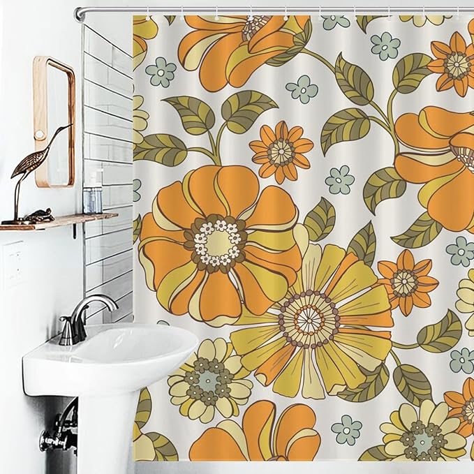 Daisy Floral Shower Curtain, Retro 70s Vintage Orange Yellow Flower Groovy Cute Spring Aesthetic Boho Funky Trippy Waterproof Fabric Bath Shower Curtain Set with Hooks, 72"x72" Inch