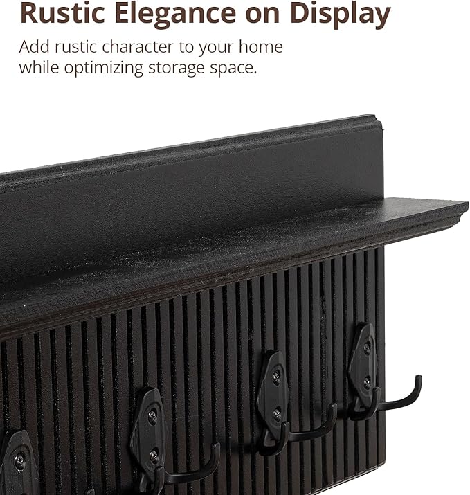 Rustic Wall Mounted Coat Rack with Shelf Wooden Entryway Organizer with 5 Metal Hooks for Coats Hats Towels Keys Floating Storage Shelf for Bathroom Bedroom (Black, 40 inch Striped (4 Hooks))