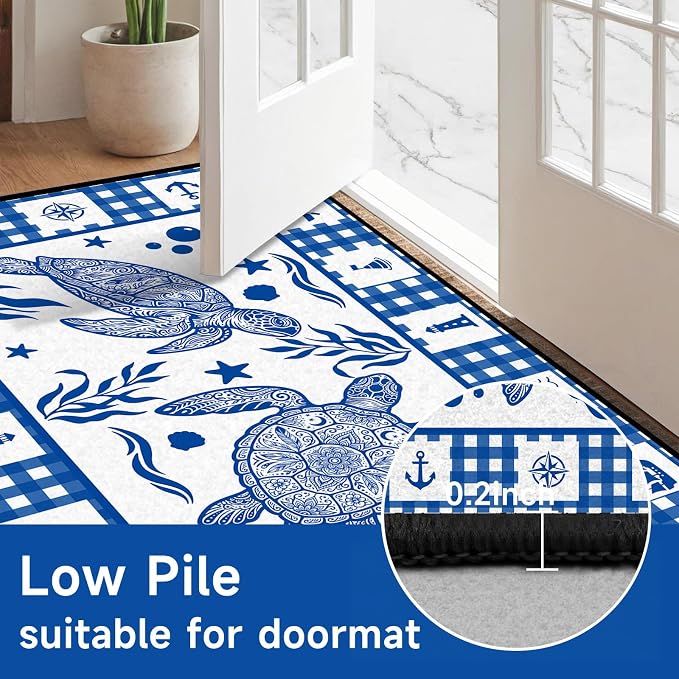 Sea Turtle Rug Coastal Ocean Print Floor Mat Blue and White Plaid Area Rug for Bedroom Living Room Nursery Kitchen Playroom Home Decor Non-Slip Washable Carpet,6'x9'