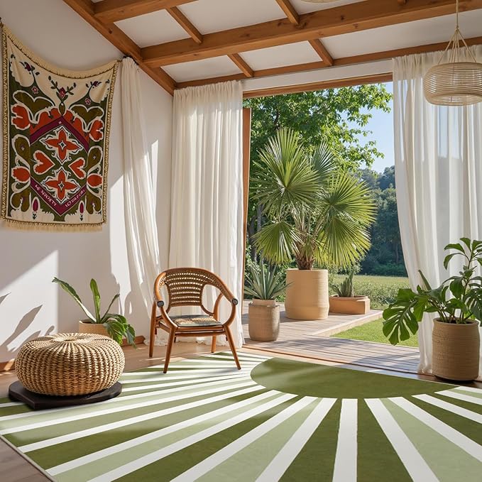 Lahome Washable 8x10 Rug - Non-Slip Living Room Rugs 8x10 Ultra-Thin Large Soft Bedroom Rugs, Boho Rainbow Sun Print Indoor Stain Resistant Floor Rug for Dining Room Table Office (8'x10', Green)