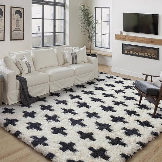 Black and White Rug 5x8 for Living Room, Super Soft Modern Shag Rug Washable Fluffy Rugs Indoor Fuzzy Carpet Non-Slip Fluffy Rugs for Bedroom Home Aesthetic Decor