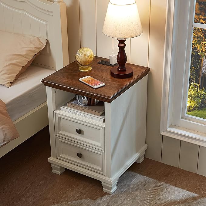 Farmhouse Side Table with Charging Station, Antique Nightstands with Drawers, Bedside Table with Open Shelf for Bedroom, White
