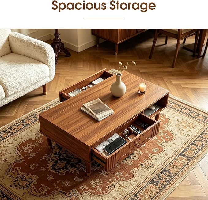 47.2" Coffee Table – Rustic Solid Wood & MDF Coffee Tables, Mid Century Modern Center Table with Tapered Legs for Living Room, Walnut