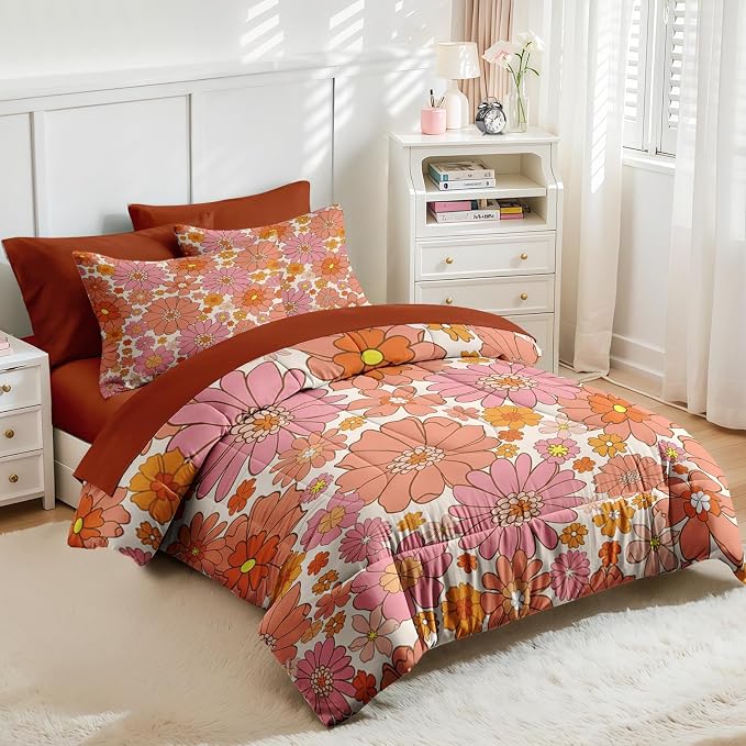 Nesker 7 Pcs Comforter Set Queen Size, Retro Vintage Pink Bedding Set for Kids and Adults, Orange Floral Flower Sheets Bed Sheet Sets with Fitted Sheet 2 Pillowcases & 2 Shams