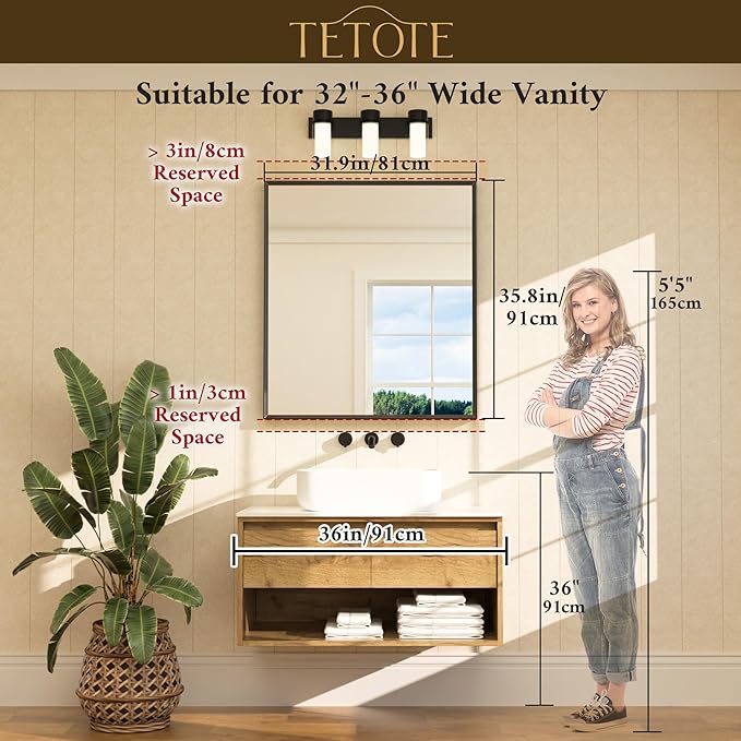 TETOTE Black Framed Mirror for Bathroom Vanity 32" x 36" Matte Black Rectangle Beveled Frame Wall Mirror for Over Sink, Tempered Glass, Modern Farmhouse Bedroom, Entryway, Living Room