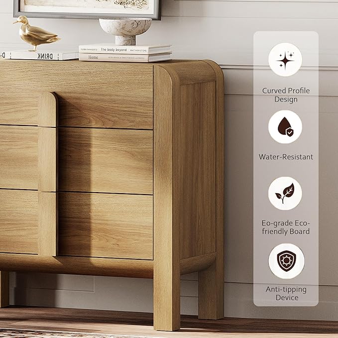 WAMPAT Sideboard Buffet Cabinet with Storage with 3 Drawers,Modern French 31.5" W Buffet Cabinet with Storage,Wood Coffee Bar Cabinets with Curved Edge Design for Kitchen Living Room, Walnut