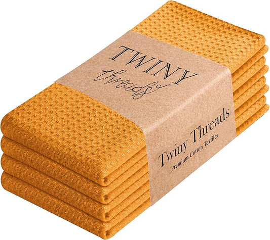TWINY threads Kitchen Towels Set of 4, 100% Soft Cotton Waffle Weave Dish Towels with Hanging Loop, Reusable for Table Cleaning, Dinning, Parties - 16"x26" - Mustard Yellow
