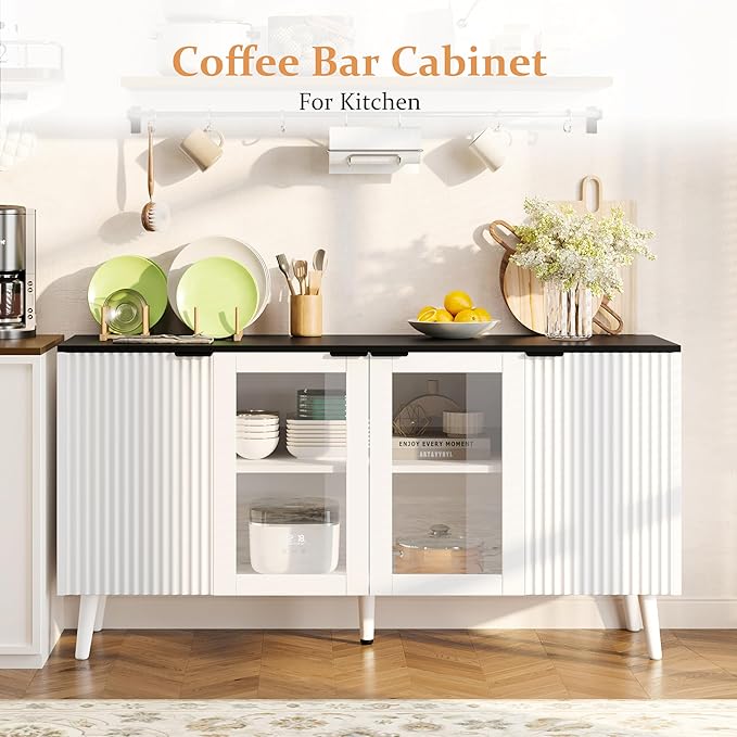 JASIWAY Buffet Cabinet with Storage 55" Fluted Sideboard with Glass Door Modern Coffee Bar Table Accent Credenza Cabinet for Dining Room, Kitchen, Living Room, Hallway, White and Black