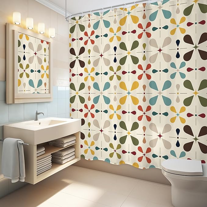 LGhtyro Boho Mid Century Shower Curtain Bathroom Set 71Wx71H Inches Modern Abstract Bohemian Vintage Colourful Geometric Retro Bath Accessories Water Drop Art Home Decor Fabric 12 Pack Hooks