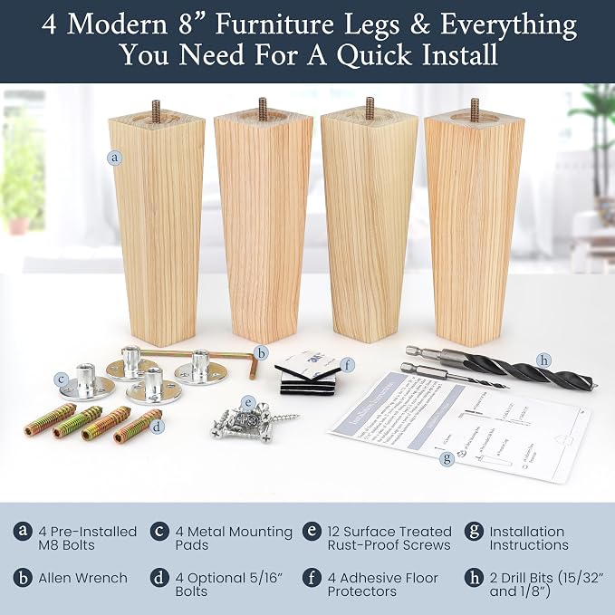 Airy Abode Premium Ash Wood Square Furniture Legs (Full Install Kit) - Pick Your Size and Color