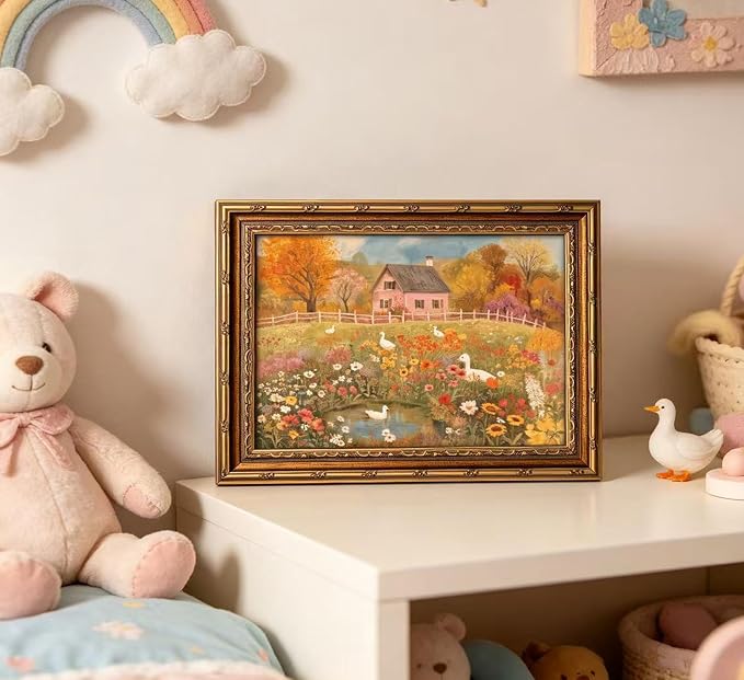 Vintage Gold Framed Autumn Country Cottage with Ducks Wall Art, Rustic Farmhouse Flower Garden Canvas Prints, Retro Fall Farm Scene Painting Poster Artwork for Living Room Kitchen Wall Decor,16X24in