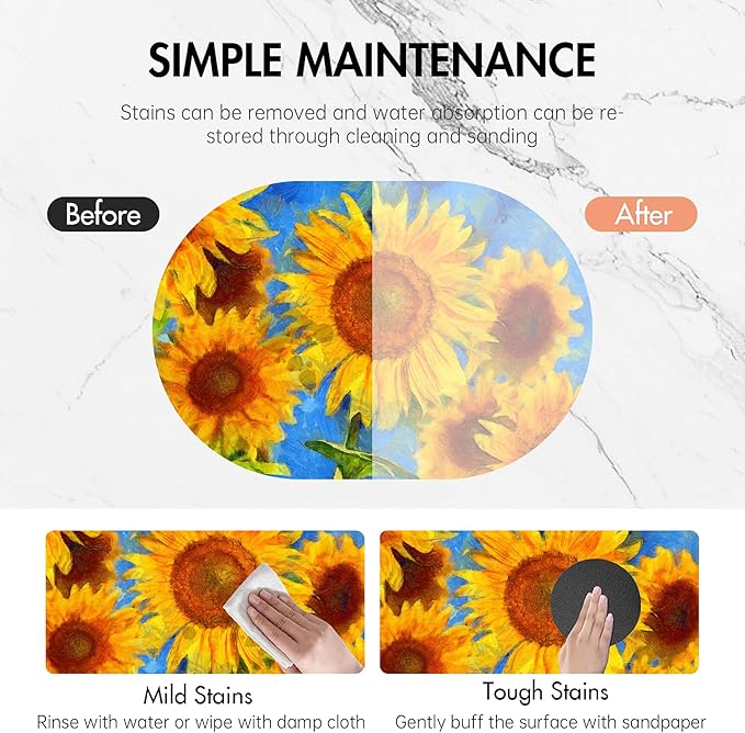 Abstract Sunflower Oval Bath Mat Diatomaceous Mud Mats with Rubber Backing Ultra Soft Washable 23.6"×15.7" Quick Dry Thin Bath Rugs for Bathroom Floor Bathtub Vanity Easy Care