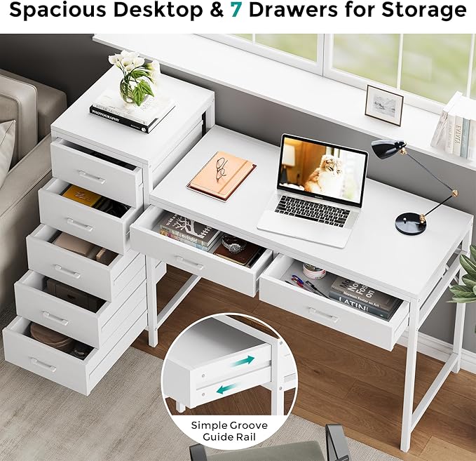 Computer Desk with Reversible Drawer, 55 inch Home Office Desks with 7 Drawers, Modern Compact Study Writing Table Workstation with Storage for Small Spaces, All White