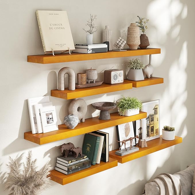 Marsmiles 30 Inch Floating Shelves | Rustic Honey Oak Wall Shelves Set of 2 | 30" W x 7.7" D x 1.6" H Wooden Shelves for Bathroom Kitchen Living Room