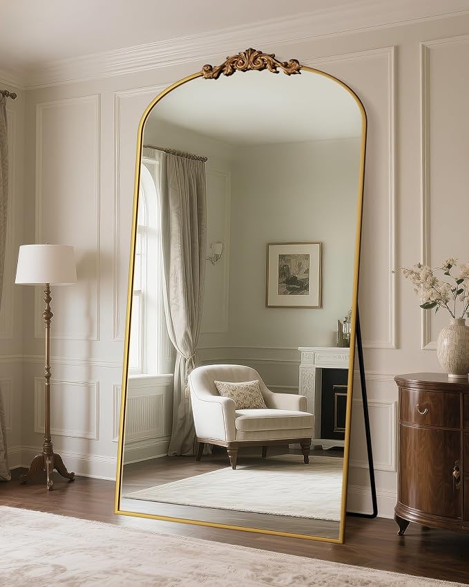 Antok Arched Full Length Mirror, 81"x41" Floor Mirror with Carved, Full Body Mirrors for HomeDecor, Standing/Halling Large Wall Mirror for Bedroom, Living Room, Cloakroom, Gold, Retro Style