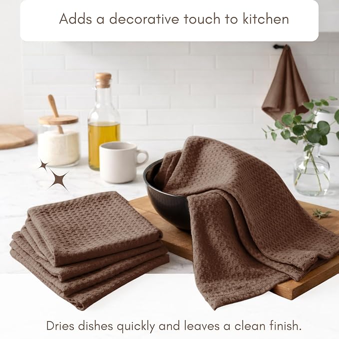 TWINY threads Kitchen Towels Set of 12, 16x26 Inches, 100% Cotton Waffle Weave Dish Towels, Soft and Super Absorbent Hand Towel with Hanging Loop for Kitchen, Daily Use, Brown