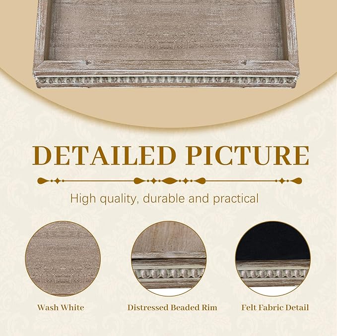 MAONAME Wood Serving Tray, Farmhouse Wooden Tray for Coffee Table, Rustic Square Trays with Beads, Washed White Decorative Trays for Living Room, Kitchen, 12" X 12" X 1.6"