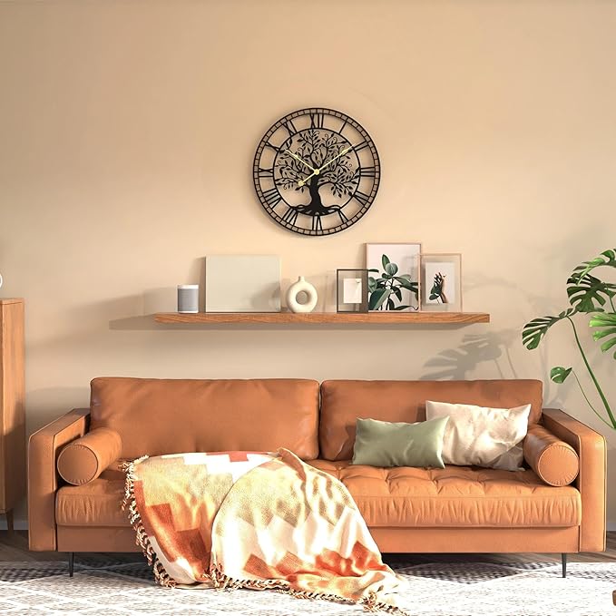 Micasso Rustic Large Wall Clock: 27Inch Farmhouse Tree of Life Metal with Wood Frame - Vintage Battery Operated Wall Clocks for Bedroom/Office/Living Room/Kitchen - Home Decor for Porfessional