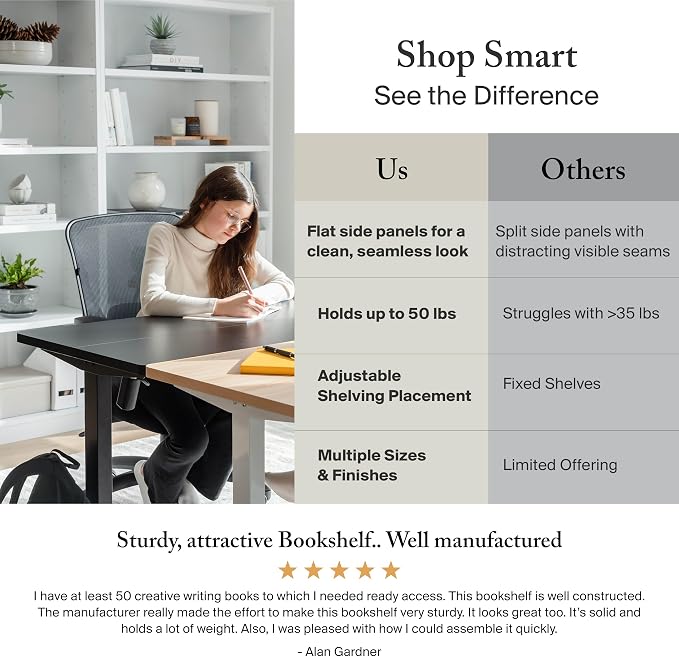 Bush Home Tall 5 Shelf Bookcase, Large Open Bookshelf, Sturdy Display Cabinet for Living Room or Home Office, Cabot Collection, Linen White Oak