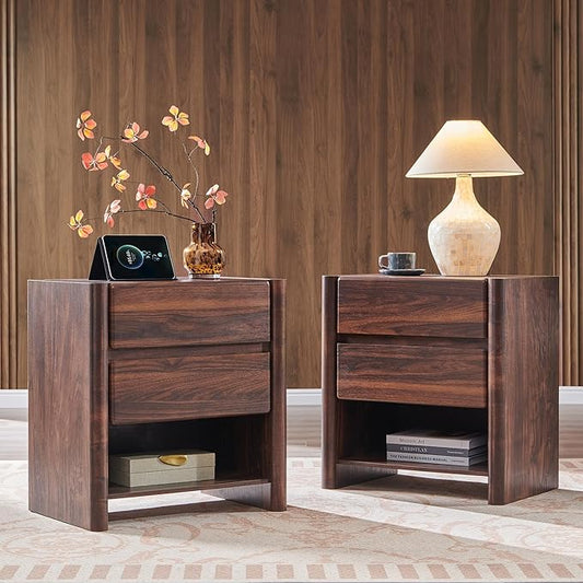 25" Tall Modern Nightstand Set of 2, 23.6" W Nightstand with Charging Station & 2 Storage Drawers & Open Shelf, Wood Night Stand w/Rounded Corner Design for Bedroom, Living Room (Brown)