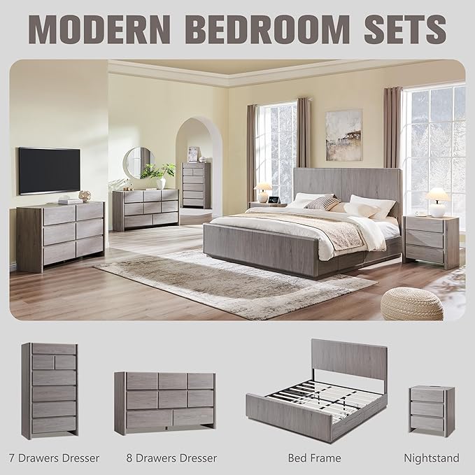 25" Tall Modern Nightstand with Charging Station, 23.6" W Nightstand with 3 Storage Drawers & Open Shelf, Wood Night Stand w/Rounded Corner Design for Bedroom, Living Room (Light Grey)