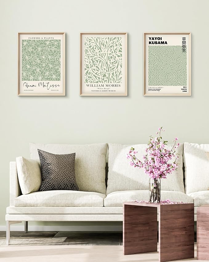 HesenDot Framed Matisse Sage Green Wall Art,William Morris Canvas Wall Decor,16x12IN High Framed Wood Design Prints,Minimalist Classic Decor Aesthetic for Living Room,Bedroom,Bathroom Set of 3