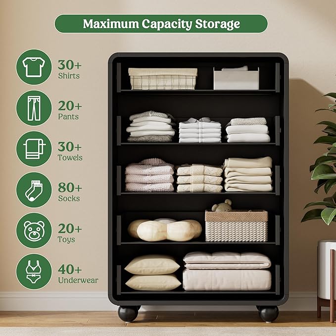 Lulive Wood Dresser for Bedroom, 41” Tall Chest of Drawers with 5 Drawers, Modern Closet Storage Drawer with Curved Profile Design for Living Room, Hallway, Entryway, Black