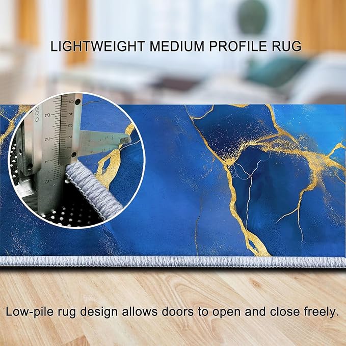 Blue 4 x 6 ft Area Rug Machine Washable Carpets, Soft Abstract Marble Gold Texture Print Carpet Non-Slip Doormat, Low-Pile Rugs for Living Room Bedroom Kitchen Dining Room Hallway