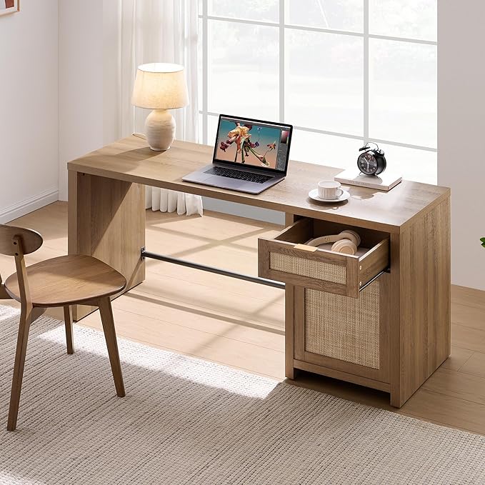SICOTAS Rattan Home Office Desk, 2 Pieces Farmhouse Boho Executive Desk with Storage Cabinets and Drawers, Larger Writing Desk for Office, Study, Living Room, Oak