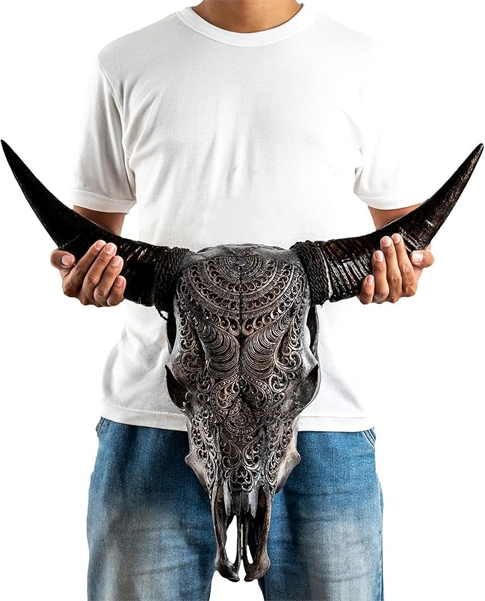 Skull Bliss - Hand-Carved Real Authentic Taxidermy Cow Skull/Bull Skull Wall Decor with Horns/Real Animal Cow Skull Wall Decor (Standard Horns)