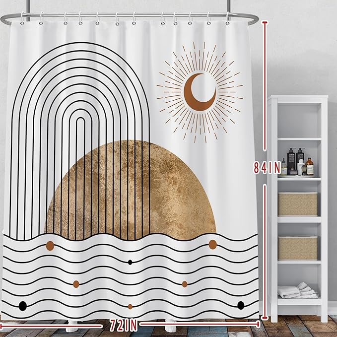 Baocicoo Boho Mid Century Shower Curtain Abstract Wave Shine Crescent Abstract Sun and Moon Shower Curtain for Bathroom Cubicle Durable Fabric Waterproof Curtain for Bathroom with Hooks 72x84 Inches