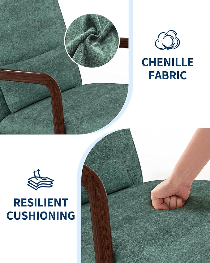 Garvee Mid-Century Chenille Accent Chair Set of 2, Cozy Reading Chair, Modern Lounge Armchair with Lumbar Pillow, Sturdy Wood Frame, for Living Room, Bedroom, Office, Green