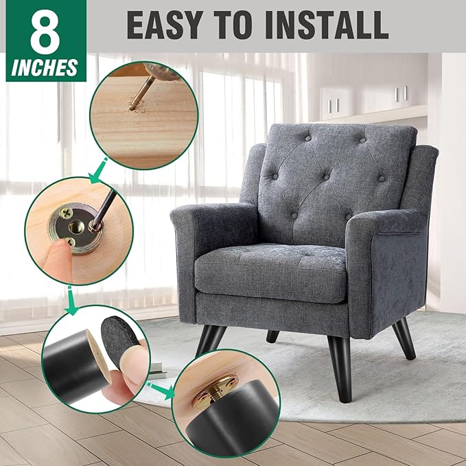 FoDau770 Black Rubber Wood Furniture Legs 8 Inches, Slant Tapered Wood Feet Mid Century Sofa Legs Set of 8, 5/16" UNC Furniture Feet Replacement Parts for Cabinet Couch Dresser Chair Ottoman Table