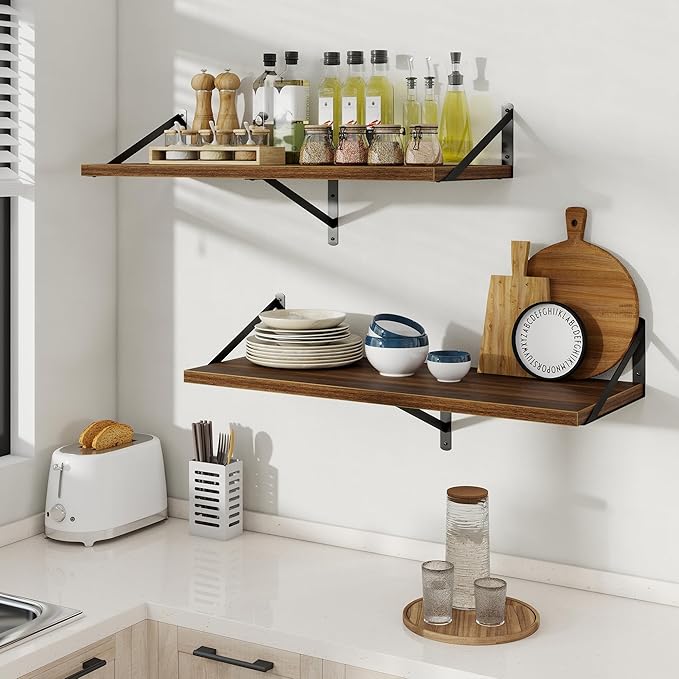 Floating Shelves, 12 Inch Deep Rustic Wood Wall Storage, 24W x 12D Wall Shelves Set of 2, Heavy Duty Metal Brackets, Large Industrial Book Shelf for Living Room, Kitchen, Bedroom, Walnut
