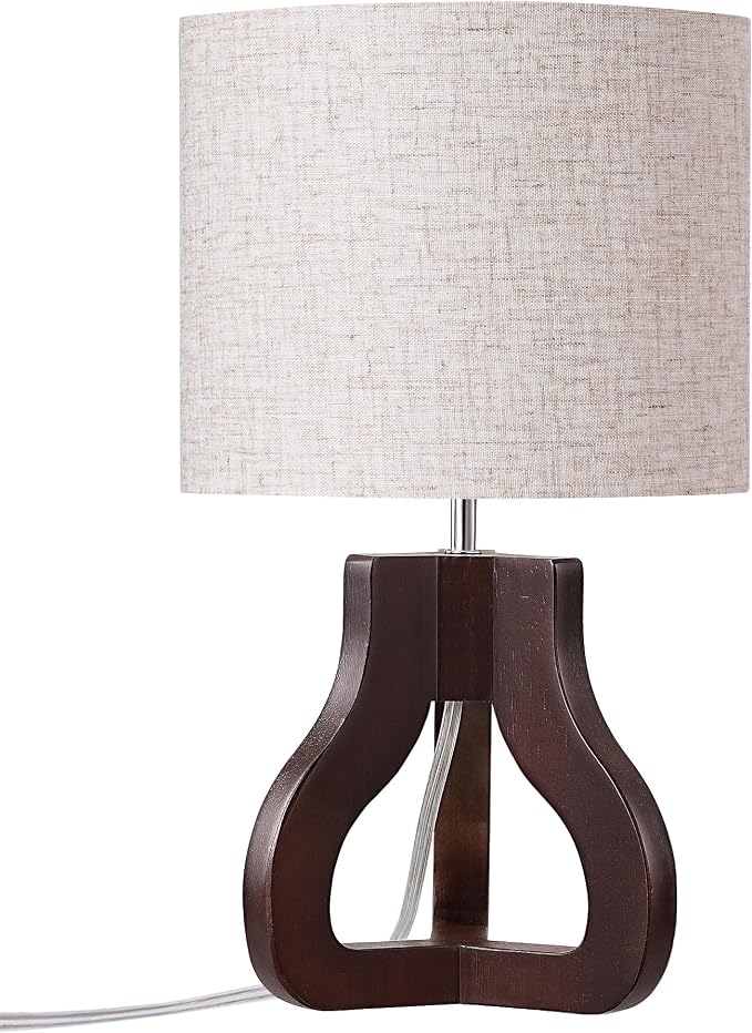 EDISHINE 14.6" Small Table Lamp, Walnut Wood Tripod Nightstand Lamp for Bedroom, Beige Linen Shade, Cute Bedside Lamp for Living Room, Bedroom, On-Off Line Switch, E26 Base(Bulb Not Included)