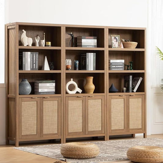 SICOTAS Bookcase 71" Tall Bookshelf 5 Tier Rattan Boho Bookcase with Doors Storage Large Book Case Shelf Farmhouse Bookshelves Library Book Shelves for Living Room Bedroom Home Office Kitchen