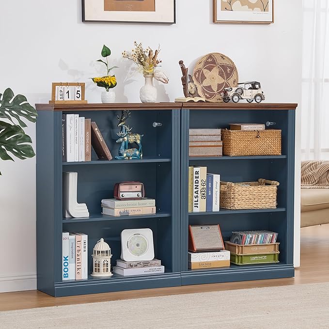 43" Blue Tall Bookshelf Set of 4,3-Tier Thick Wooden Book Shelf with Adjustable Shelves,Free Standing Farmhouse Bookcase with Open Display Storage,Floor Vintage Bookshelves for Living Room