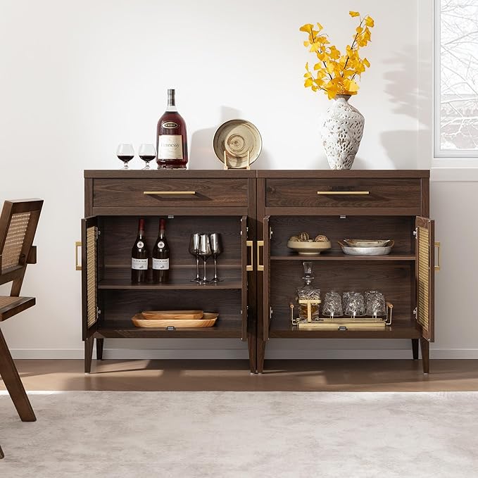 SICOTAS Buffet Cabinet Set of 2 - Modern Sideboard Cabinet Tall Credenza with Drawers & Metal Mesh Doors, Accent Buffet Table Coffee Bar for Living Room Dining Room Entryway, Espresso Walnut