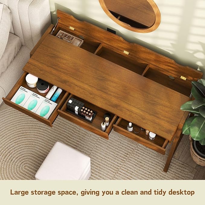 Wood Desk with Drawers Walnut Home Office Desk Mid Century Modern Writing Table for Bedroom Vanity Living Room Study Workstation