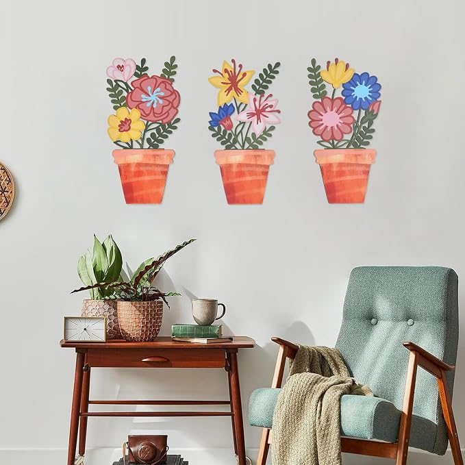 3D Wooden Floral Wall Decor Set of 3, Lightweight Wall Art Decor, Rustic Farmhouse Kitchen Wall Decor, Boho Botanical Wood Wall Art for Living Room, Bedroom, Office, Entryway (Flowers - 11.8 x 5.9 Inch)