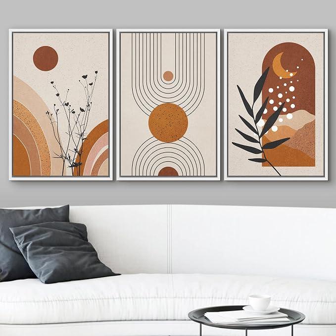 wall26 Framed Canvas Print Wall Art Set Boho Mid-Century Geometric Forest Plant Planets Nature Abstract Illustrations Modern Art Bohemian Decorative for Living Room, Bedroom, Office - 24"x36"x3 White
