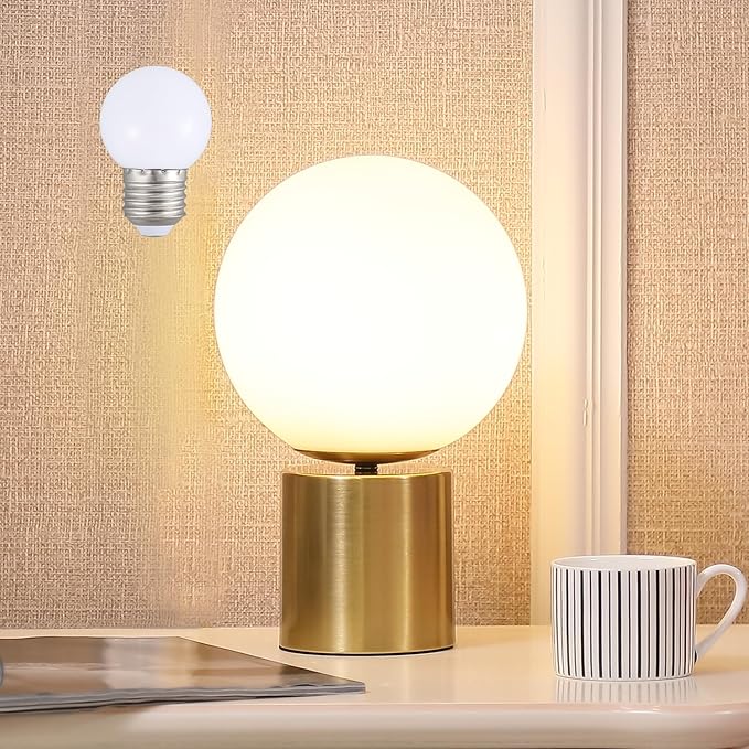 11 Inch Modern Mid Century Gold Globe Table Lamp,Round Bedside Nightstand Lamp with White Glass Shade Metal Base Desk Lamp for Bedroom Living Room End Table